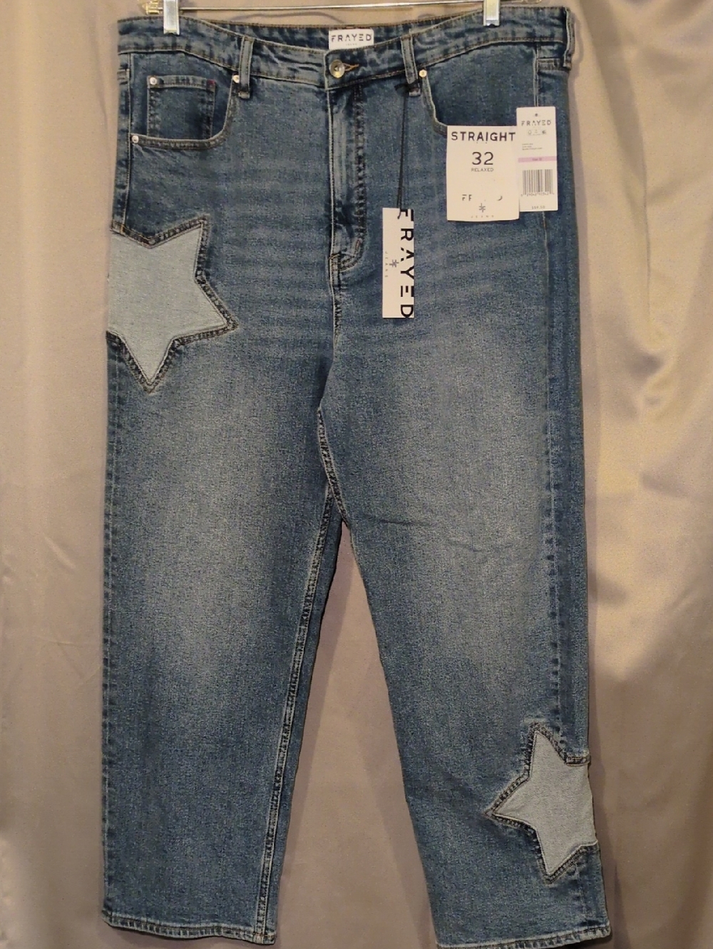 FRAYED Straight Denim Jeans with Star Patch Detail